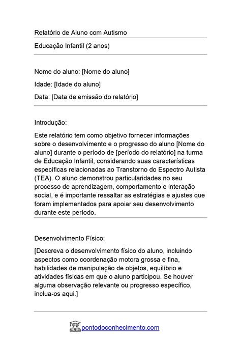 Relatório de aluno autismo educação infantil 2 anos Relatório