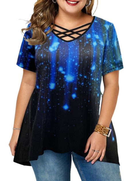 Scvgkk Womens Plus Size Fancy Tops Short Sleeve V Neck Printed Blouse T Shirt