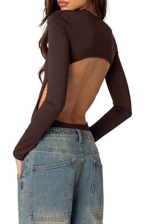 EDIKTED Neta Back Cutout Long Sleeve Bodysuit Brown Editorialist