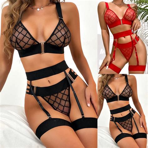 ENSEMBLE DE SOUTIEN GORGE lingerie noire sexy jarretière strings vêtements EUR