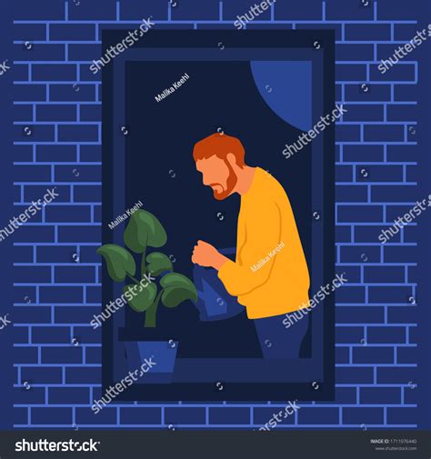 Vector Flat Illustration Man Watering Plant Stock Vector Royalty Free