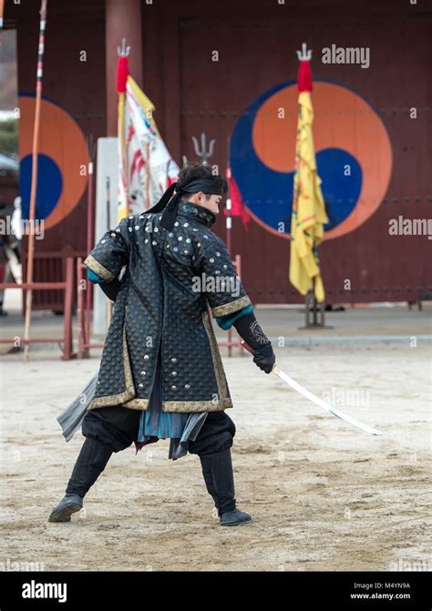 Korean Soldier With Traditional Joseon Dynasty During Show Martial Arts