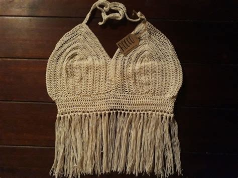 Crop Top Tejido A Crochet Con Flecos Blanco Tejidos Tejidos A