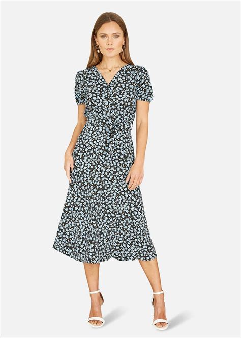 Mela Blue Ditsy Floral Print Midi Shirt Dress Matalan