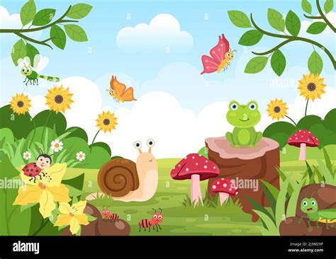 Hermoso Jardín Cartoon Ilustración de fondo con paisaje Naturaleza de plantas, varios animales ...