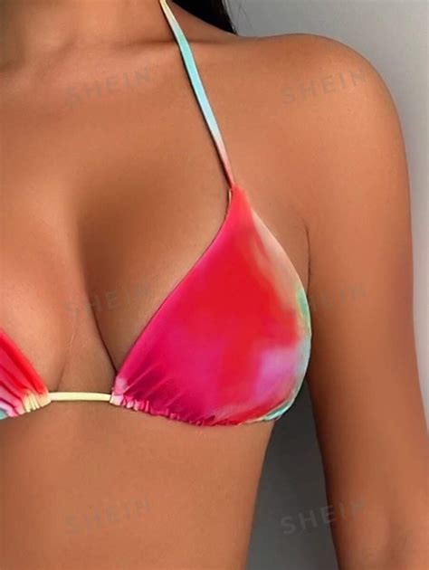 SHEIN Swim Summer Beach Tie Dye Bikini Set Halter Triangle Bra High Cut Bottom Ruffle Trim