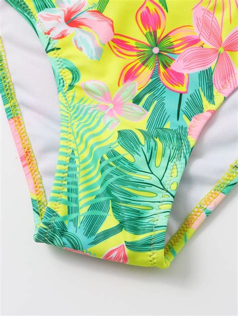 Tween Girl Tropical Print Ruffle Trim Bikini Swimsuit SHEIN USA