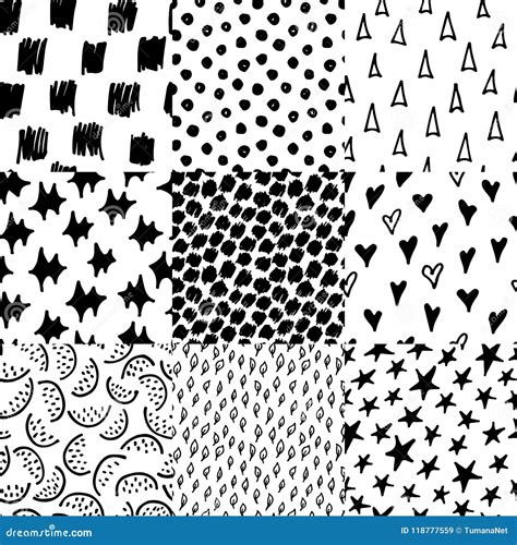 Abstract Monochrome Hand Drawn Ink Black And White Seamless Patterns