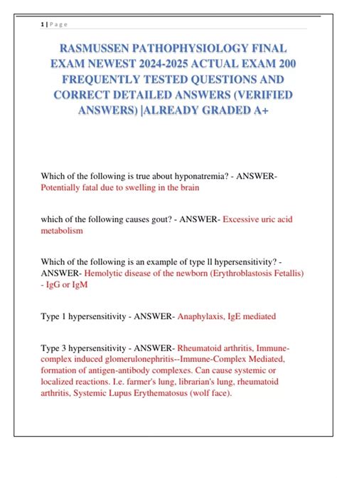 RASMUSSEN PATHOPHYSIOLOGY FINAL EXAM NEWEST ACTUAL EXAM 200 FREQUENTLY