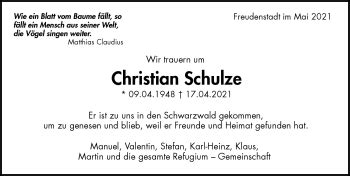 Traueranzeigen Von Christian Schulze Schwarzw Lder Bote Trauer