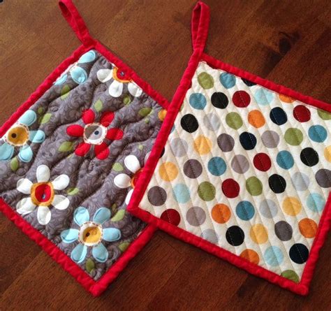 Handmade Quilted Pot Holders Set Of Red Fabric Hot Pads