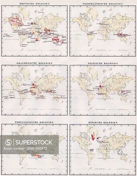 Historic illustration, world maps showing the colonies of Great Britain, Netherlands, France ...