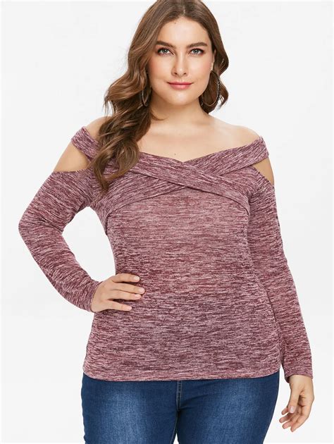 Wipalo Plus Size Off The Shoulder Cutout Marled Long Sleeve T Shirt