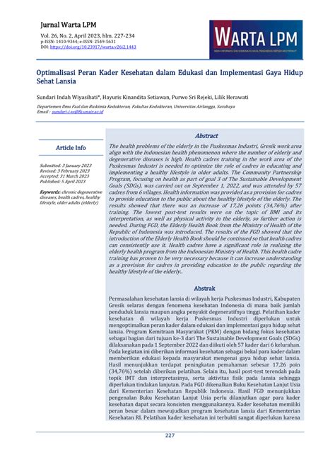 Pdf Optimalisasi Peran Kader Kesehatan Dalam Edukasi Dan Implementasi