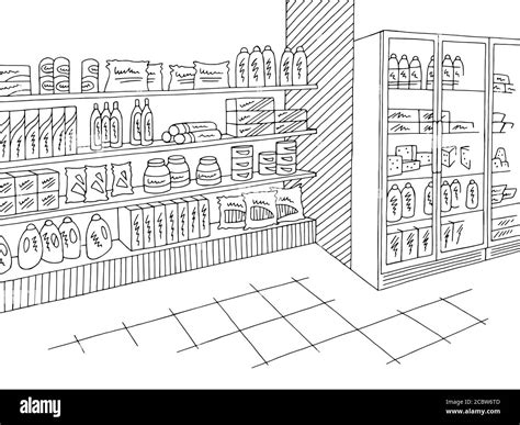 Grocery Store Shop Interior Black White Graphic Sketch Illustration