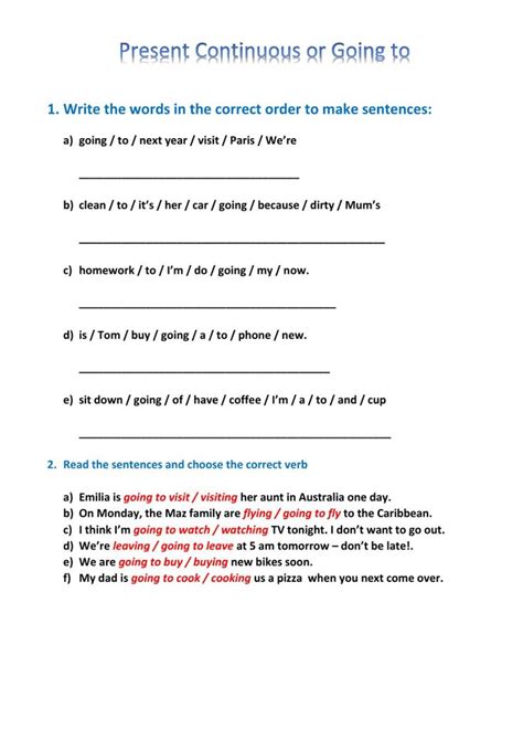 A Worksheet With The Words Present Continuous Or Going To In Red And Blue