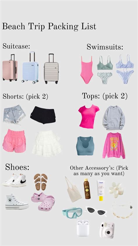 the beach trip packing list includes clothes, swimsuits, shoes and other accessories