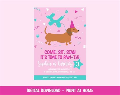 Sausage Dog Dachshund Party Invitation Digital Download Etsy