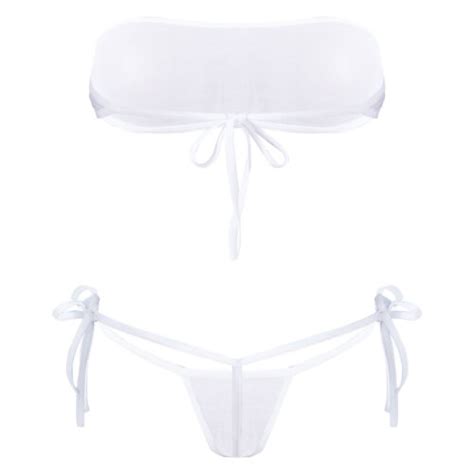 US Women Sheer Micro Bikini See Through Bra Top Side Tie G String