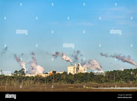 Riceboro, Georgia smoke pollution from industrial factory with blue sky ...