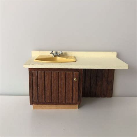 Vintage Lundby Bathroom Dollhouse Furniture Yellow Sink Cabinet Vanity