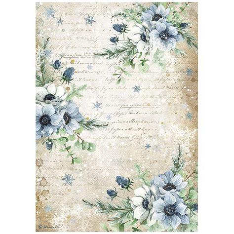 Stamperia Rice Paper Sheet A4 Blue Flowers Cozy Winter 5993110022831