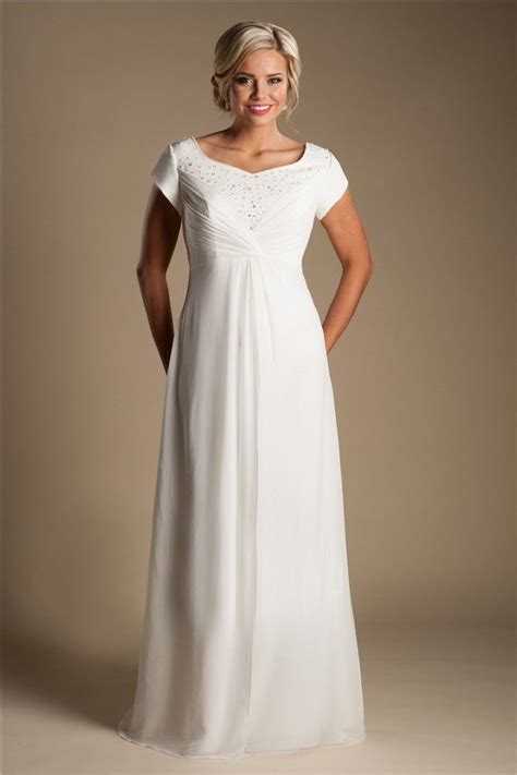 Modest Empire Waist Chiffon Beaded Destination Beach Wedding Dress With Sleeves Beach Wedding