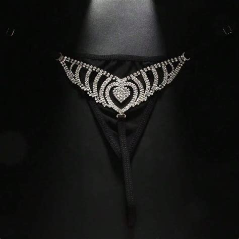 Fashion Rhinestones Heart Thong Bikini Underwear For Woman Sexy Beach Multi Layer Hollow Crystal