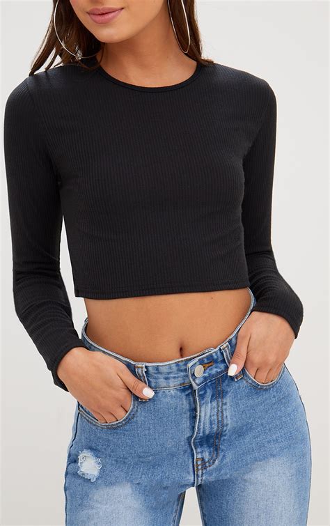 Black Ribbed Long Sleeve Crop Top Tops Prettylittlething Usa