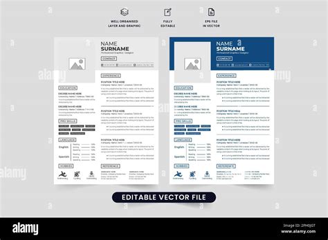 Simple Cv Template Vector With Photo Placeholders And Job Experience Sections Modern Office Job