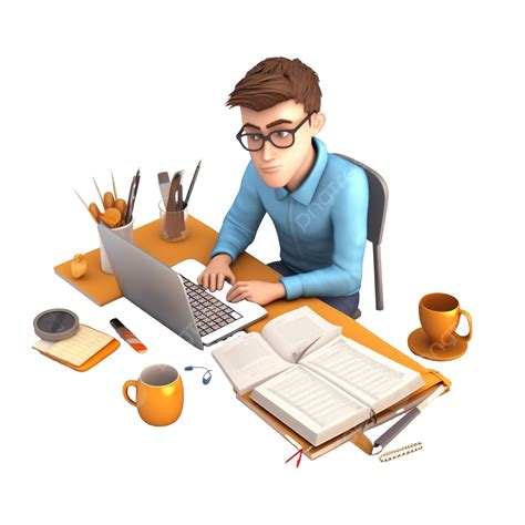 Man Sitting Work Activity 3d Illustrations Brown Black Creative PNG