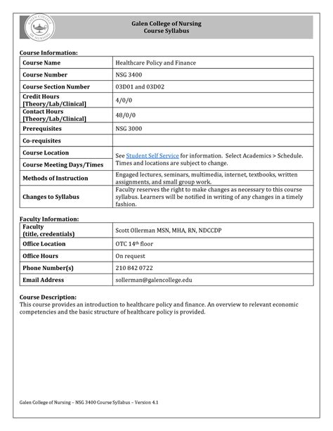 Nsg Syllabus Version Sollerman D D Summer Galen College Of