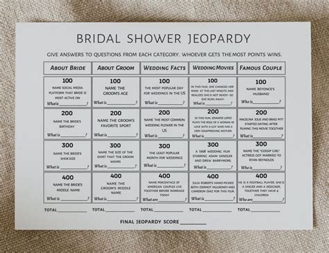 Bridal Shower Jeopardy Game Bridal Shower Games Printable Bridal