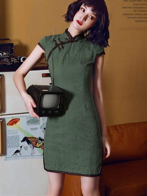 Green Linen Modern Qipao Cheongsam Dress Cozyladywear