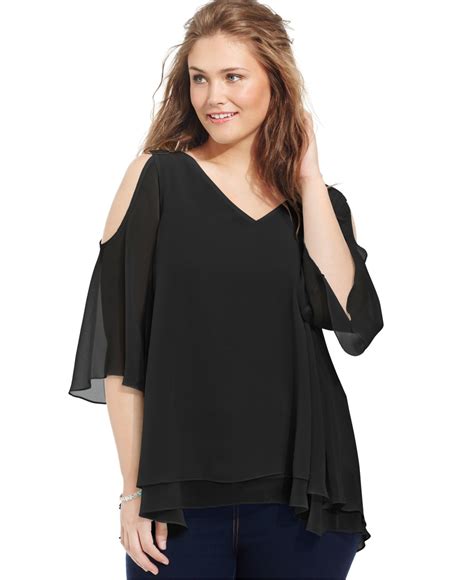 Soprano Plus Size Layered Cold Shoulder Chiffon Blouse In Black Lyst