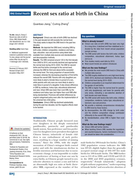 Pdf Recent Sex Ratio At Birth In China