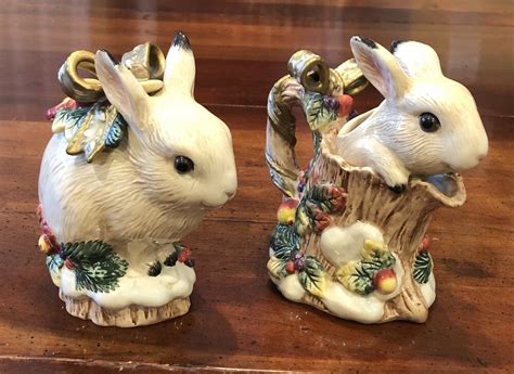 Fitz Floyd Snowy Woods Creamer Sugar Bowl Spoon Set Bunny Rabbit