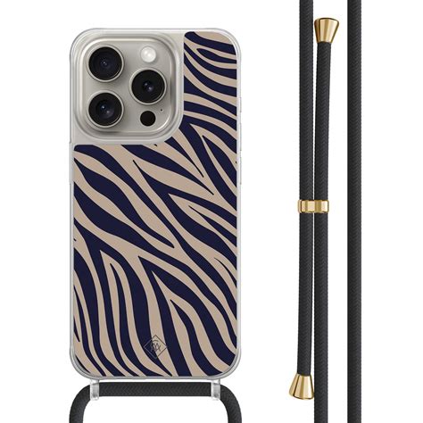 iPhone 15 Pro hoesje met zwart koord - Chevron navy - Casimoda.nl