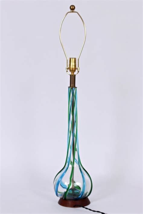 Tall Hand Blown Clear Murano Art Glass Lamp With Aqua And Green Ribbon Swirls At 1stdibs