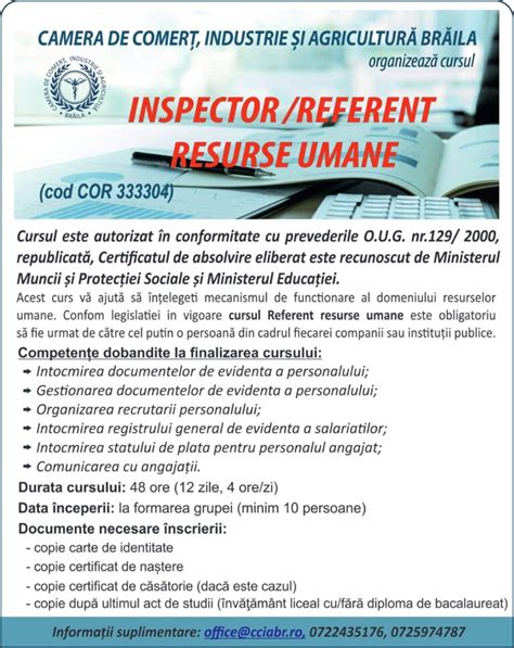 Curs Inspector Referent Resurse Umane Camera de Comerț Industrie și