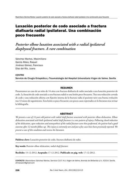 Luxación Posterior de Codo Asociado a Fractura Diafisaria Radial