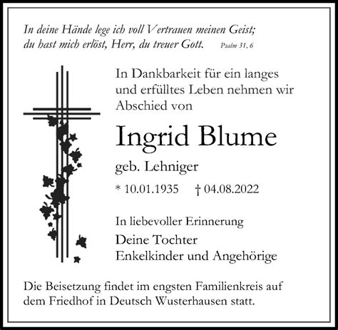 Traueranzeigen Von Ingrid Blume Trauer Anzeigen De