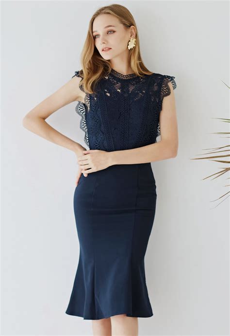 Crochet Lace Spliced Sleeveless Mermaid Dress In Navy Retro Indie