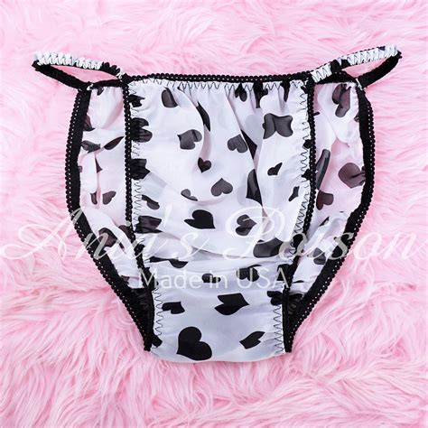 Sheer CHIFFON Black White Hearts Novelty Print Sheer Sissy Mens String Bikini Panties S 2XL