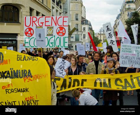 Paris France Environmental Demonstration Against Nuclear Power Crowd