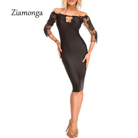 Ziamonga 2018 Roupas Feminina Sexy Party Robes Lace Applique Black Off