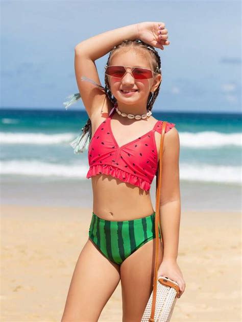 Tween Girl Watermelon Print Ruffle Trim Bikini Swimsuit Shein Usa