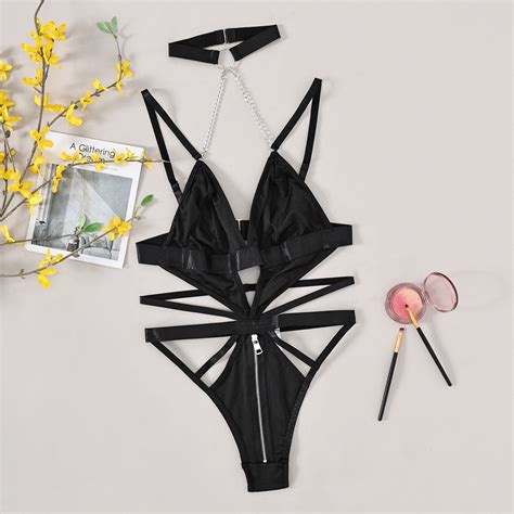 Generic Ins2025 Sexy Lingerie Chain Hollow Metal Halter Lace Backless Jumpsuit 26998 Walmart