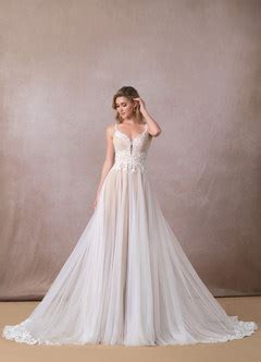 Azazie Devi Diamond White Nude A Line V Neck Lace Tulle Dress Azazie CA