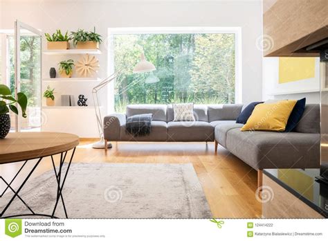 Grey Corner Couch with Cushions in Real Photo of White Living Room ...